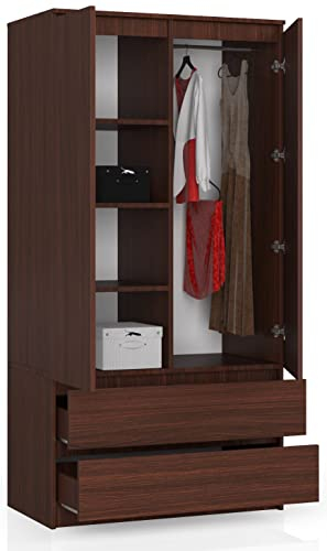 BDW Kleiderschränk 2 Türen, 4 Einlegeböden, Kleiderständer, 2 Schubladen, Mehrzweckschrank, Schubladenschrank, Garderobenschrank für Schlafzimmer, Wohnräume, 180x90x51cm, Venga