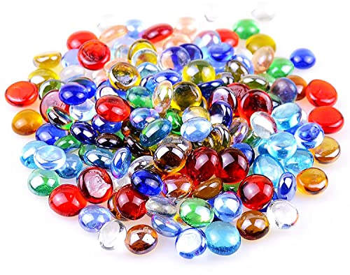 KINGOU Flache Glasmurmeln, Ersatz-Mancala-Steine, 0,3 kg, gemischte farbige flache Glaskiesel, Perlen, Edelsteine für Spiele, Vasenfüller, Perlen, Aquarium-Kieselsteine, DIY Handwerk (12–16 mm)