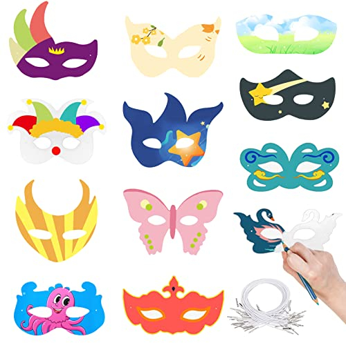 Cosysparks Blanko Bemalen Masken, 12 Stück Kindermasken Zum Bemalen Masken Zum Ausmalen Kinder DIY Masken Kinder für Kinder Zum Dekorieren von Cosplay-Anzieh-Geburtstagsfeiern