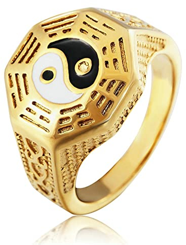 BCughia Gold Ring, Herren Ringe Kleiner Finger Edelstahl Yin und Yang Siegelring Valentinstag Geburtstags Geschenke Herren Größe 67 (21.3)