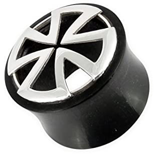 Fly Style 1 Paar Piercing Ohr Tunnel Plug Horn und 925 Silber - Ohr Piercings - Eisernes Kreuz Horn Tunnel, Grösse:14 mm (Paar), Modelle:Modell A