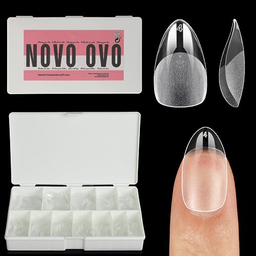 NOVO OVO 600 pcs Short Chubby Almond Nail Tips Full Cover Soft Gel Acrylic for Nail Extension x 10 Sizes Pre-shaped Half Matte Fake False Nail Tips Box Packaing