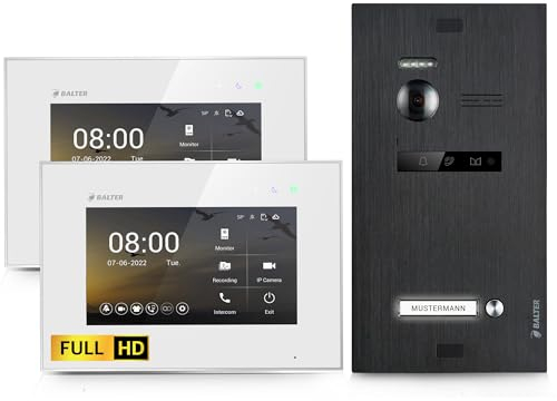 Balter EVO-HD Video Türsprechanlage, Video Türklingel, 1 Familienhaus Klingel, 2X 7 Zoll HD-Monitore, Full HD-Kamera, 2 Draht Bus, Gegensprechanlage mit 175° Weitwinkel-Kamera, Schwarz