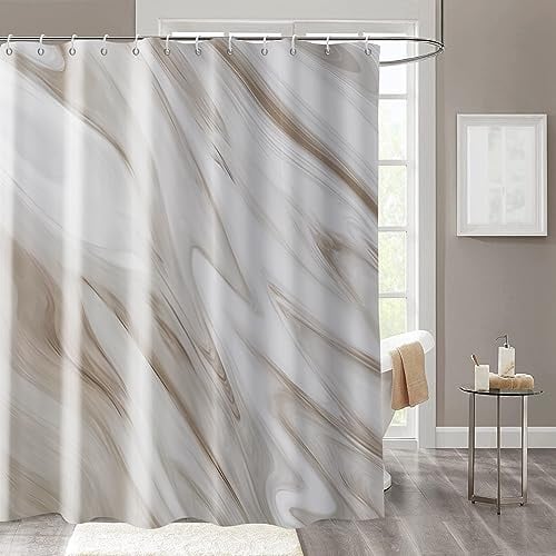 GCIREC Brauner Marmor Duschvorhang, Grau Braun Modern Abstrakte Welle Luxus Badezimmer Vorhang Badewanne Wohnkultur Wasserdichter Stoff Maschinenwaschbar mit 12 PCS Haken,180x200cm