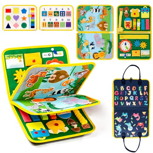 Busy Board ab 2 3 Jahre, interaktives Activity Board Spielzeug für Kinder | Montessori Spielzeug Busy Book mit Dschungel-Tieren, ideales Kindergeschenk, fördert Motorik, tolles Geschenk für Babys