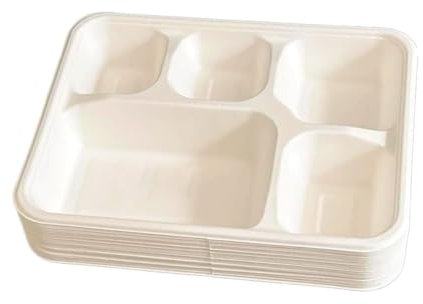 BH | 5 Compartment Bagasse Dinner Plates | 200-Pack | 100% Biodegradable and Compostable | 5 CP Food Trays | ECO Friendly Dinner Party Plates, Made from Sugarcane Fibre - by Best House