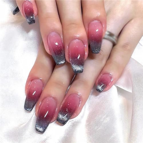 Crazynekos Red Black Cat's Eye Fake Nail Medium Long Coffin Press on Nails French Tips Nail Art Decoration for Women and Girls Manicure 24pcs