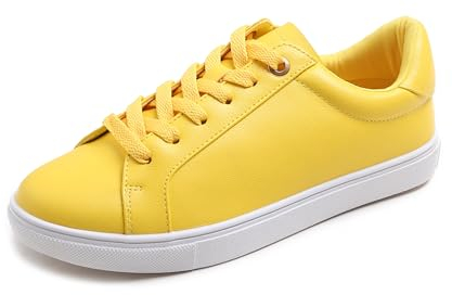 Feversole Women's Light Weight Lace-Up Sneaker,Sneakers Stringate in Pelle PU da Donna Colore Limone Suola Bianca Occhiello Grande 38