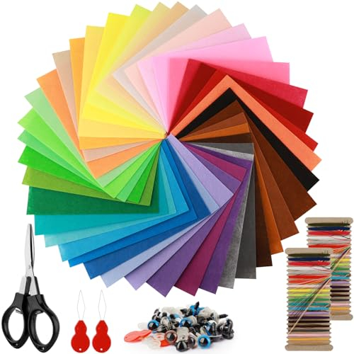 Nelxsene 40 Farben Filz Bunte Filzplatten 20 x 30 cm Bastelfilz mit Schere Stickgarn Nadeln insgesamt 10 Bastelfilz Zubehör Felt Fabric Filzplatten Bunter Filzstoff zum DIY Handwerk Nähen Projekte