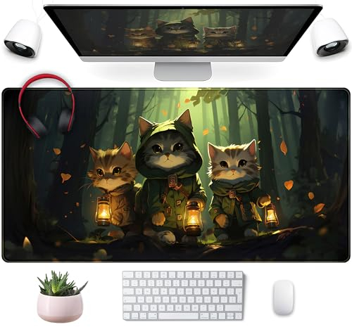 Tapis de Bureau Motif Chat de la Forêt Mignon, Grand Tapis de Souris Vert Kawaii XXL, Tapis de Jeu Étendu Avec Bords Cousus, Décoratif pour Bureau à Domicile pour Femmes