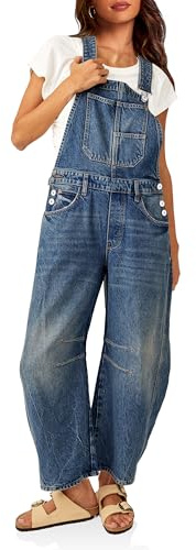PLNOTME Womens Denim Bib Overalls Barrel Leg Adjustable Strap Jean Pants Jumpsuits with Pockets