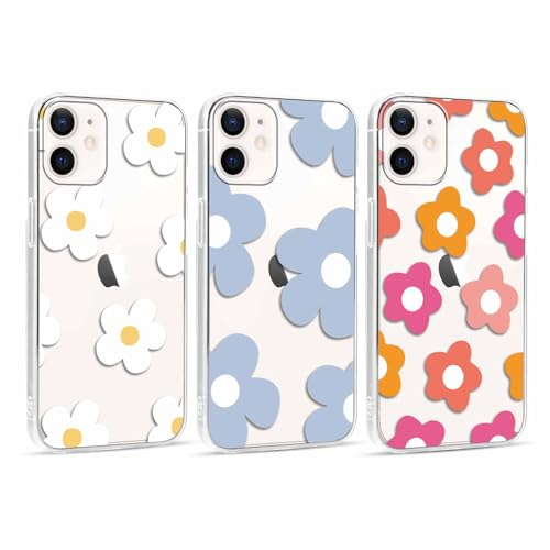 Foonary 3 Stück Transparent Hülle für Apple iPhone 12 Mini 5,4, Handyhülle mit Muster Mädchen Aesthetic Blumen Muster Motiv Design Case, Silikon Stoßfest Schutzhülle Cover für iPhone 12 Mini,Blumen4