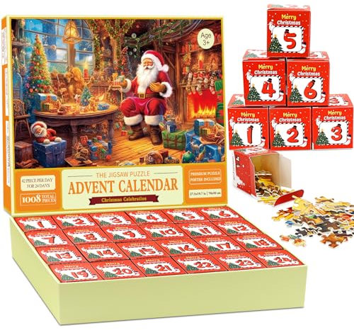 Puzzle Adventskalender 2024 für Kinder Erwachsene,1008 Teile Weihnachts Jigsaw Puzzle, 24 Tage Weihnachtspuzzle Countdown Bis Weihnachten für Mädchen Jungen Heimdekoration Weihnachtskalender 28 x 20