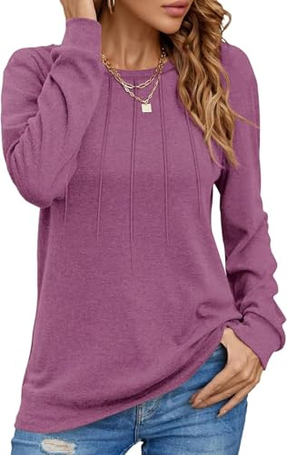 Tanmolo Damen Pullover Lässig Langarmshirt Elegant Herbst Winter Rundhals Sweatshirt Langarm Shirts Loose Plissee Oberteile Hellviolett XL