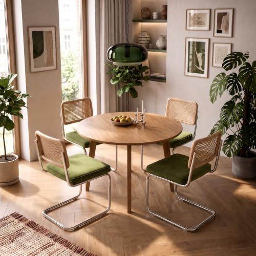 SoarTalent - 4er Set Samt Esszimmerstühle mit Rattanrücken, modernes Breuer Design mit rostfreier Chrombasis, armlose Polsterung für Esszimmer, Kücheninsel, Grün