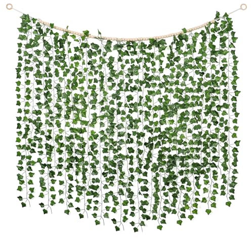 Weldomcor 12 Pack Artificial Ivy Garland 86 FT Fake Vine with Wood Beads UV Resistant Fake Ivy Garland Realistic Green Leaves Fake Foliage Hanging Plant for Office Wedding Wall Bedroom Garden Decor