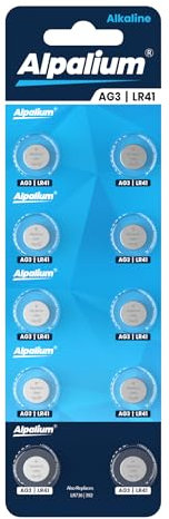 Alpalium Batterie alcaline a bottone AG3 LR41, confezione da 10 pezzi, senza mercurio, qualità premium e lunga conservazione