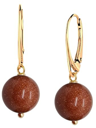 I.L.U.S Damen Edelstein Ohrringe 925 Silber Vergoldet 18K Gelbgold-Naturstein Kristall Kugel Hängend-Gold Ohrschmuck Geschenk für Frauen-Natur Kristall Ohrhänger Vergoldet