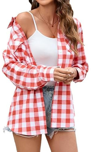 Stamain Chemise a Carreaux Rouge Femme Chemise à Boutons à Manches Longue Country Top à Enrouler Décontracté Bureau Classique Fête avec Poches M
