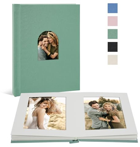 Vienrose Scrapbook-Fotoalbum 10x15 cm | Einsteckalbum aus Leinen für 30 Fotos mit Beschreibfeld - Personalisierbar (Seegrün)
