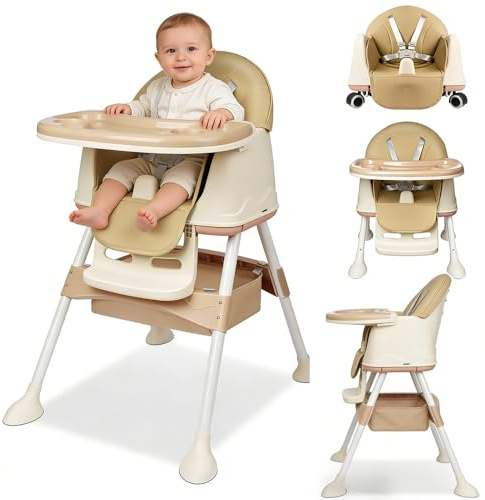Baby Hochstuhl kinderhochstuhl 4in1, hochstühle Multifunktionaler Verstellbar, Babystuhl mit Tablett Abnehmbares und Rollen, kinderstuhl Kombinierbarer mit 5-Punkt-Gurt, Kinder Essstuhl, Beige
