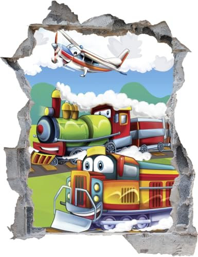 DesFoli Wandtattoo Comic Eisenbahn Flugzeug Kindermotiv - verschiedene Rahmentypen DW00008 Farbe Grauer Stein Hochformat, Größe 70 cm x 91 cm