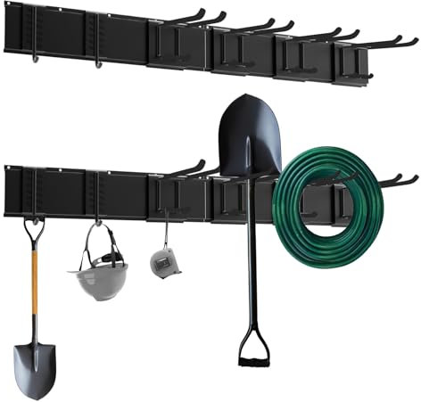 RHSHANLICUN Garage Tool Management Wandregal,Besenhalterung Wand, Selbstklebend Gartengerätehalter und Besenhalter, Schwarz Wandhalterung Aufhänger für Besen, für Bad, Küch (2 Halter + 6 Metallhaken)