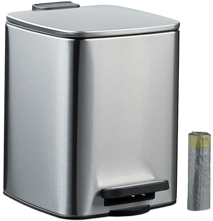 Relaxdays Bathroom Pedal Bin, 6 Litres, Soft-Close Lid, Removable Inner Bucket, Metal, Sanitary Waste, Toilet, Silver