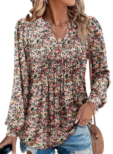 CHICZONE V Neck Long Sleeve Shirts for Women Fall Tops Dressy Casual Blouses Pleated Tunic Tops for Leggings Warm Red