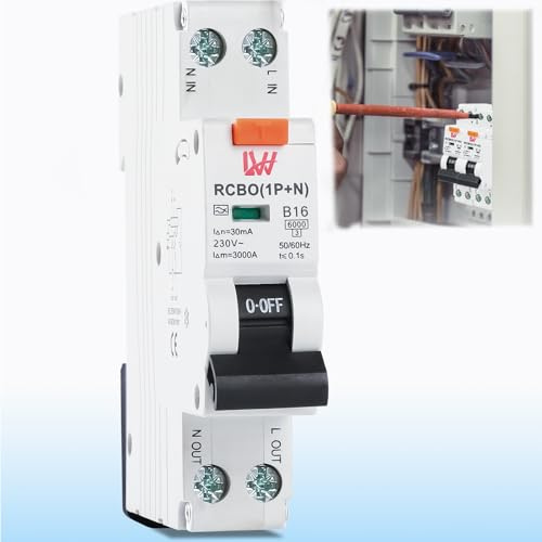 Warmfay FI/LS Schutzschalter Kompakt RCBO Typ A 30mA B16A 230V, Fehlerstromschutzschalter 1P+N 6kA, RCD-Geschützter Leistungsschalter 35mm DIN Schienen Montage, Kurve A