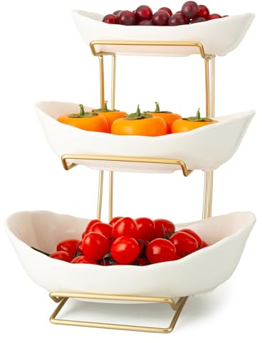 OUAYEMEL 3 Tier Fruit Bowl with Gold Metal Stand, Ceramic Fruit Bowl for Home Party Kitchen Counter, Tiered Fruit Basket for Snacks Candy Bread Storage (White)