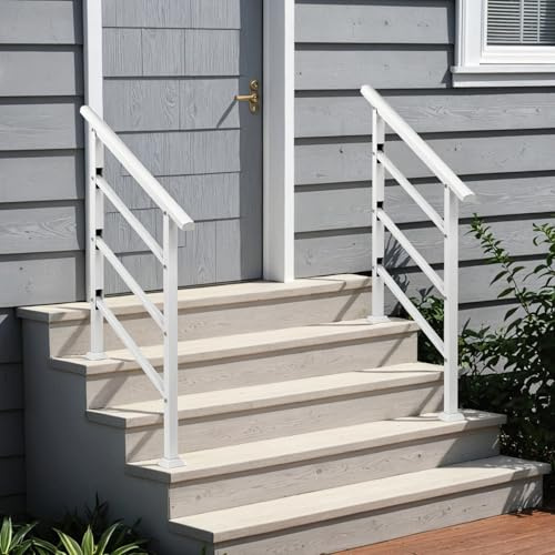 Bonnlo Treppengeländer außen für 1-3 Stufen, Handlauf weiß matt für Veranda, Geländer außen für Treppen, aus Metall 97x48cm(HxB)