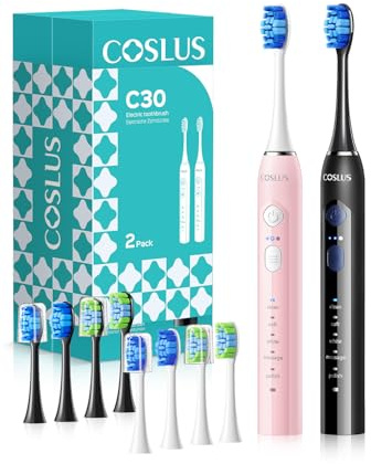 COSLUS C30 Electric Toothbrush for Adults & Kids: 3 Intensities & 5 Modes for Effective Yet Gentle Ultra-Clean Feel, 2 Types of Heads for Gentle & Daily Care, Black & Pink, 2PCS