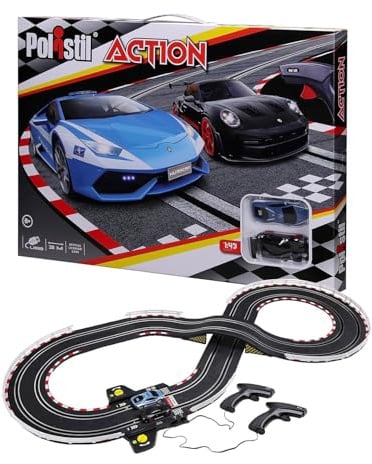 Polistil Action - Elektrisk Racerbana med 2 Slotbilar Lamborghini Huracan Polizia och Porsche 911 GT3, Skala 1:43, Banan 3,08 m, Officiella Licenser, Rekommenderad Ålder 8+ År