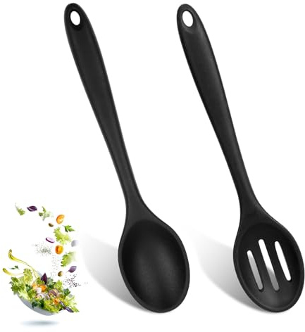 2 Pcs Silicone Spoons for Cooking 8 Inch Silicone Cooking Utensils Set Small Non Stick Mixing Slotted Spoons Heat-Resistant Kitchen Utensils for Bake Stir Mixing Serving Draining Stirring (Black)