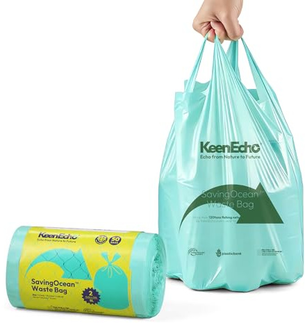 KeenEcho 8L 50 Counts Small Green Bin Liners with Handle, Ocean Fishing Nets Upcycling, Sage & Sea Salt Scented, Plastic Bin Bags, Garbage Bags for Kitchen, Bathroom, Office and Pets