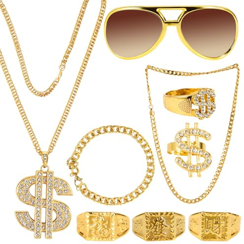 UICCVOKK 9 Stück Goldkette Herren Kostüm, Gangster Gangs 80er 90er Jahre Outfit Hip Hop Kostüms, Gangster Karneval Kostüm Herren,Zuhälter Joker Goldkette Kinder für Karneval Fasching Mottoparty
