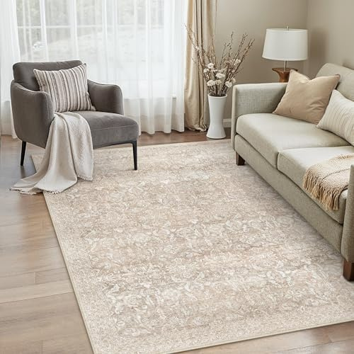 PureCozy Beige Vintage Teppich Wohnzimmer 140x200cm Waschbar | Waschbarer Teppich, Weich Rutschfest, Kurzflor im Retro, für wohnzimmerteppich Schlafzimmer Esszimmer Büro, Groß Teppich