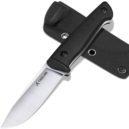 Tingling Coltello da Campeggio a Lama Fissa: Coltello da Esterno con Fodera per Bushcraft, Nero
