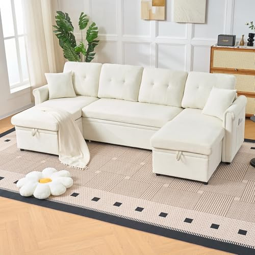 Merax Sofa Ecksofa mit Schlaffunktion, Ausziehbares U-Form Schlafsofa mit Bettkasten, Seitentaschen, Doppel-Chaiselongue und extra großem verstecktem Stauraum, Schlafcouch aus Chenille, Big Sofa-Beige