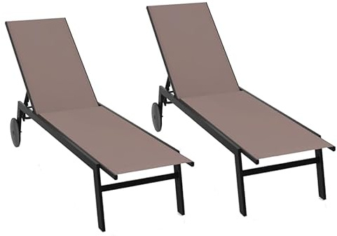 COSTWAY 1/2 Tumbonas Jardin Exterior con Ruedas, Tumbona Reclinable, Respaldo Ajustable en 6 Posiciones, Textilene, Espreguiçadeira Jardim Piscina Terraza Playa (café,2)