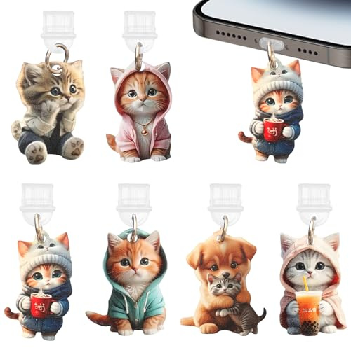 Cheynn 6 Stück Süße USB C Schutzkappe, USB C Staubschutz Stöpsel mit Katzen Anhänger Type C Staubstecker Abdeckung Ladebuchse Schutz Ladeschnittstelle Staubdichte Stecker für Handy Tablet