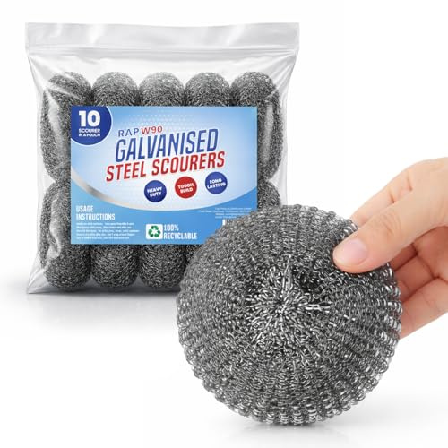 10 Galvanized Steel Scourers W90 70g Heavy Duty Large Wire Scouring Pads | Tackles burnt on grease and tough stains on grills, barbecues, pots, pans and oven racks, for kitchens and catering