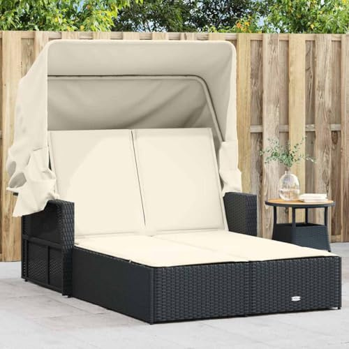Massbinet Gartensofa Doppel Sonnenliege mit Dach und Auflagen Verstellbare Rückenlehne Schwarz und Creme Poly Rattan