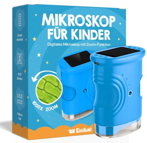Edubini Digitales Mikroskop für Kinder [1000-fache Vergrößerung] - Tragbares Taschenmikroskop für Garten, Wald & Experimente - Kindermikroskop Spielzeug mit digitalem HD-Bildschirm [inkl Fotofunktion]