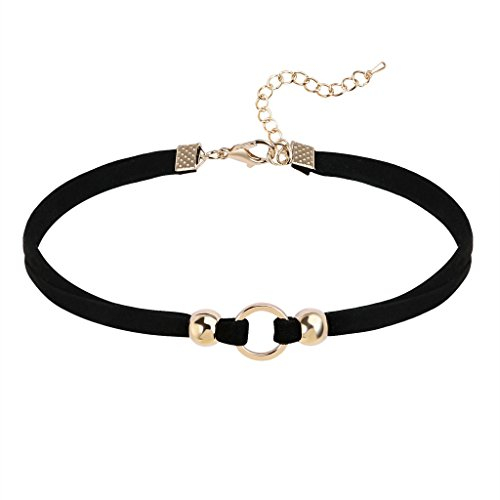 Epinki Damen Choker (Verstellbar), Doppel Halskette Gliederkette Samt O-Ring Form Anhänger Gothic Halsband Gold Schwarz mit Zirkonia, 31.4+6.3 cm