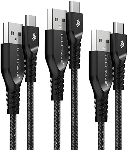 TECHGEAR 3 Pack STRONG High Durability Braided USB C Charging & Sync Cables Type C Compatible with Samsung S24 S23 S22 S21 S20 FE A16 A15 A25 A26 A36 A35 A56 A55 A04s A05s Moto, Honor, Oppo Switch etc