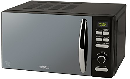Tower T24019 Infinity Digital Solo Microwave with 6 Power Levels, 8 Auto Cook Options, 60 Minute Timer, Defrost Function, Stylish Mirrored Door, Aluminium, 800 W, 20L, Black