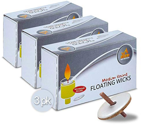 Ner Mitzvah Round Floating Wicks – 150 Count (Approx.), Medium Sized Cotton Wicks and Cork Disc Holders For Oil Cups - Bonus Wick Removal Tweezers