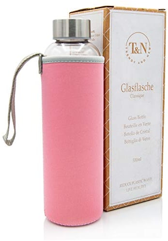 T&N Bouteille en Verre 550ml - Gourde Boisson avec Couvercle en néoprène - Bouteille étanche - Bouteille en Verre borosilicaté Plus épais pour Eau minérale - Design Mince